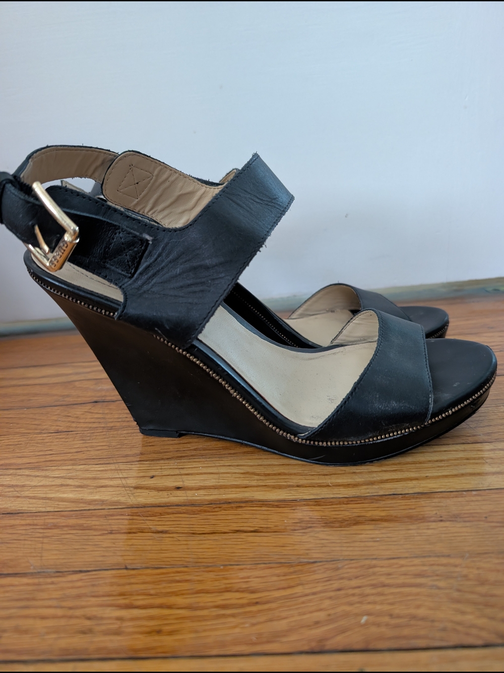 Guess Black Wedge Jazmin Sandals with Gold Buckle Accent